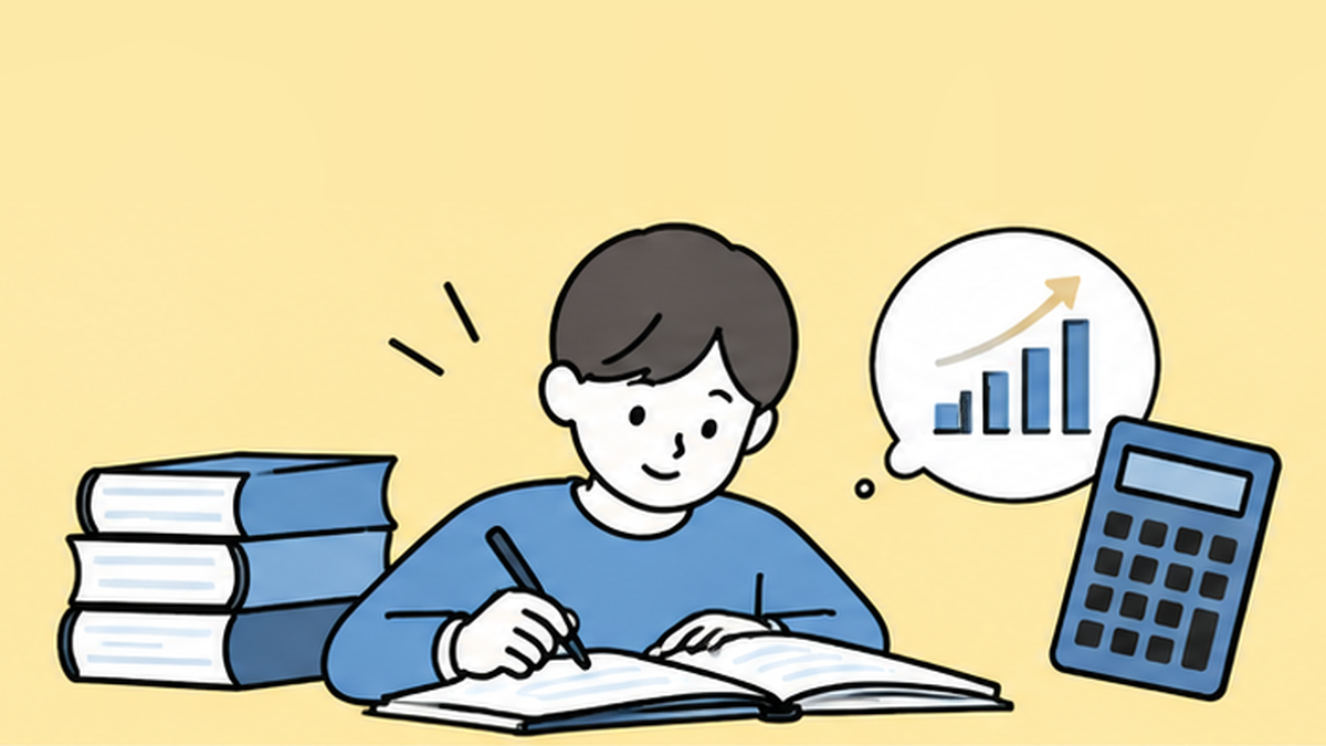 電卓と帳簿で簿記を学ぶ学生のイラスト