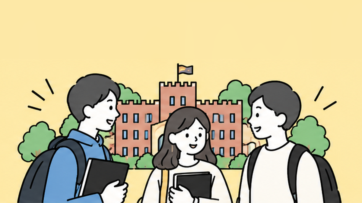 キャンパスで話す学生たちのイラスト