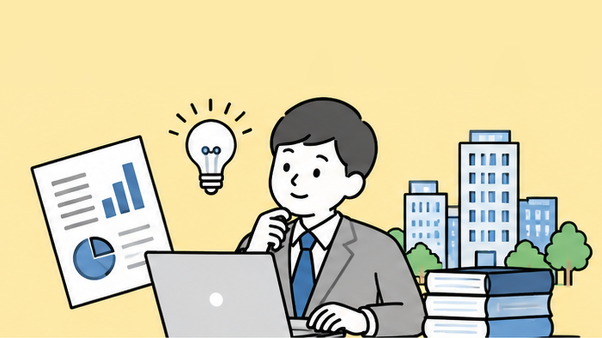 書類とノートパソコンを前に考える公認会計士のイラスト